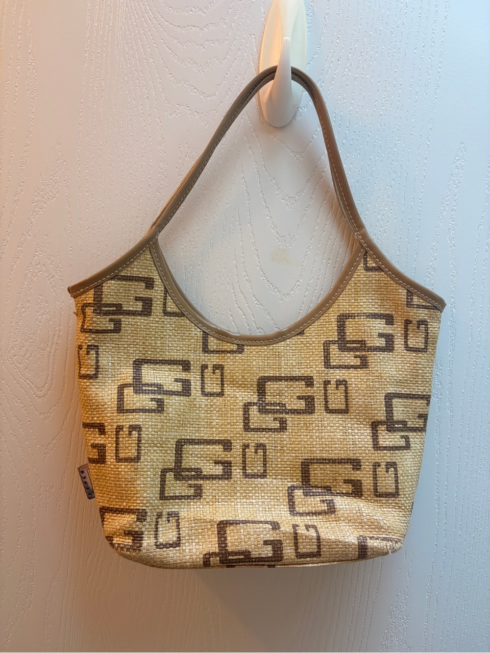 Guess Beige and Brown Logo-Print Shoulder Bag